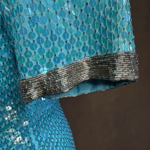 STENAY Vintage 80's VTG Teal Blue 100% Silk Sequin Beaded Cocktail Party Dress 6 - Picture 9 of 13